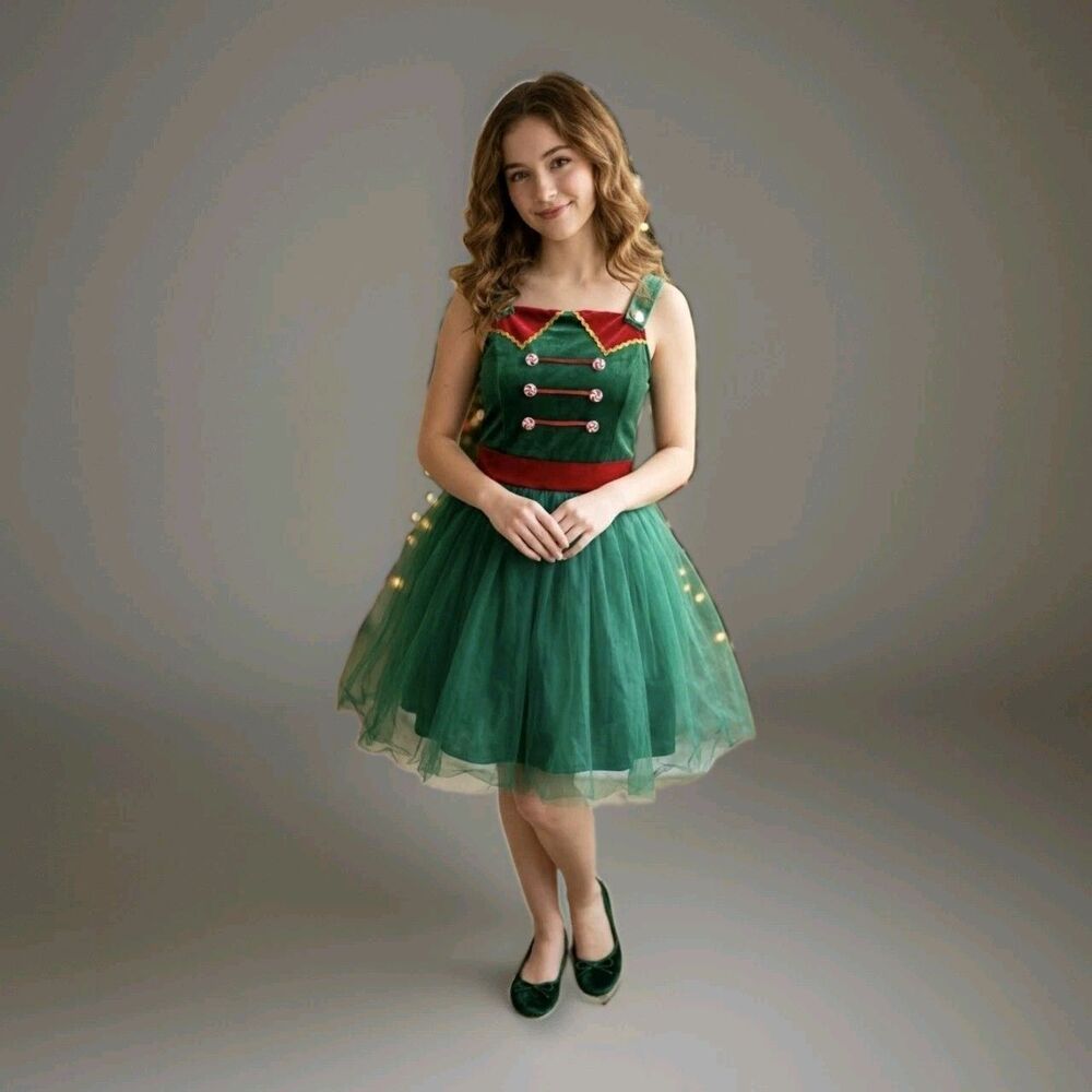 Born Famous Elf Santas Helper Ugly Christmas Dress Costume Women Size XS Tulle